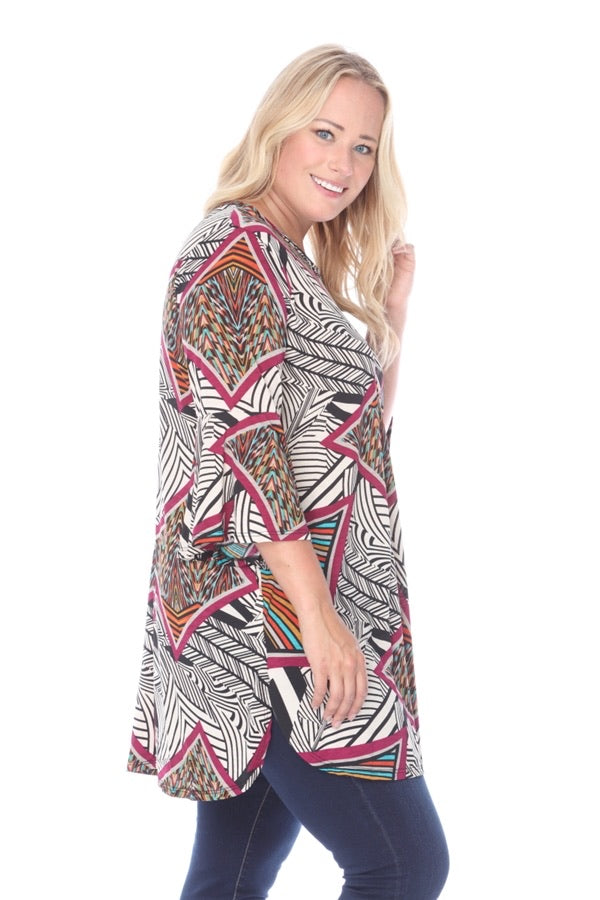Magenta Multi Print Curvy Size Top  Nice silky stretch knit top.  Nice and roomy.  Made in the USA.