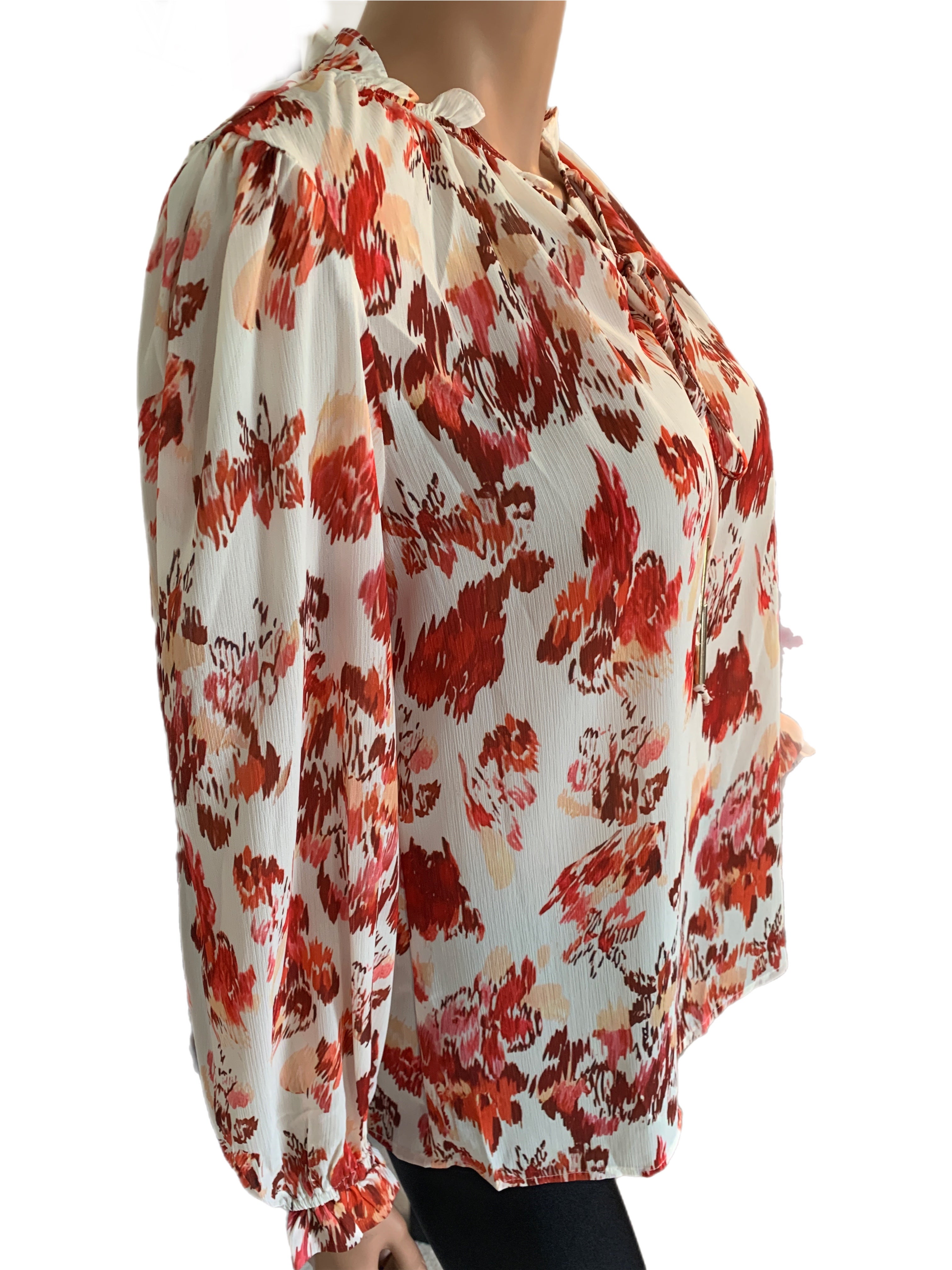 Falling Leaves V-neck Tie Long Sleeve Blouse