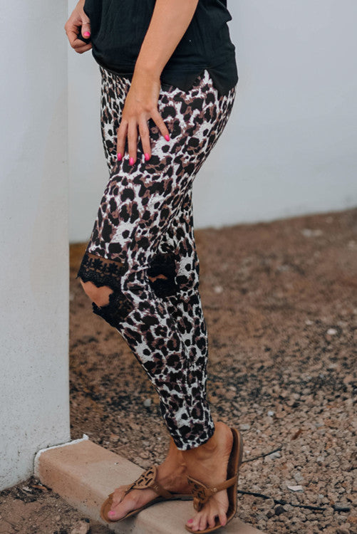 Leopard Print Black Lace Trim Cut Out Knee Leggings