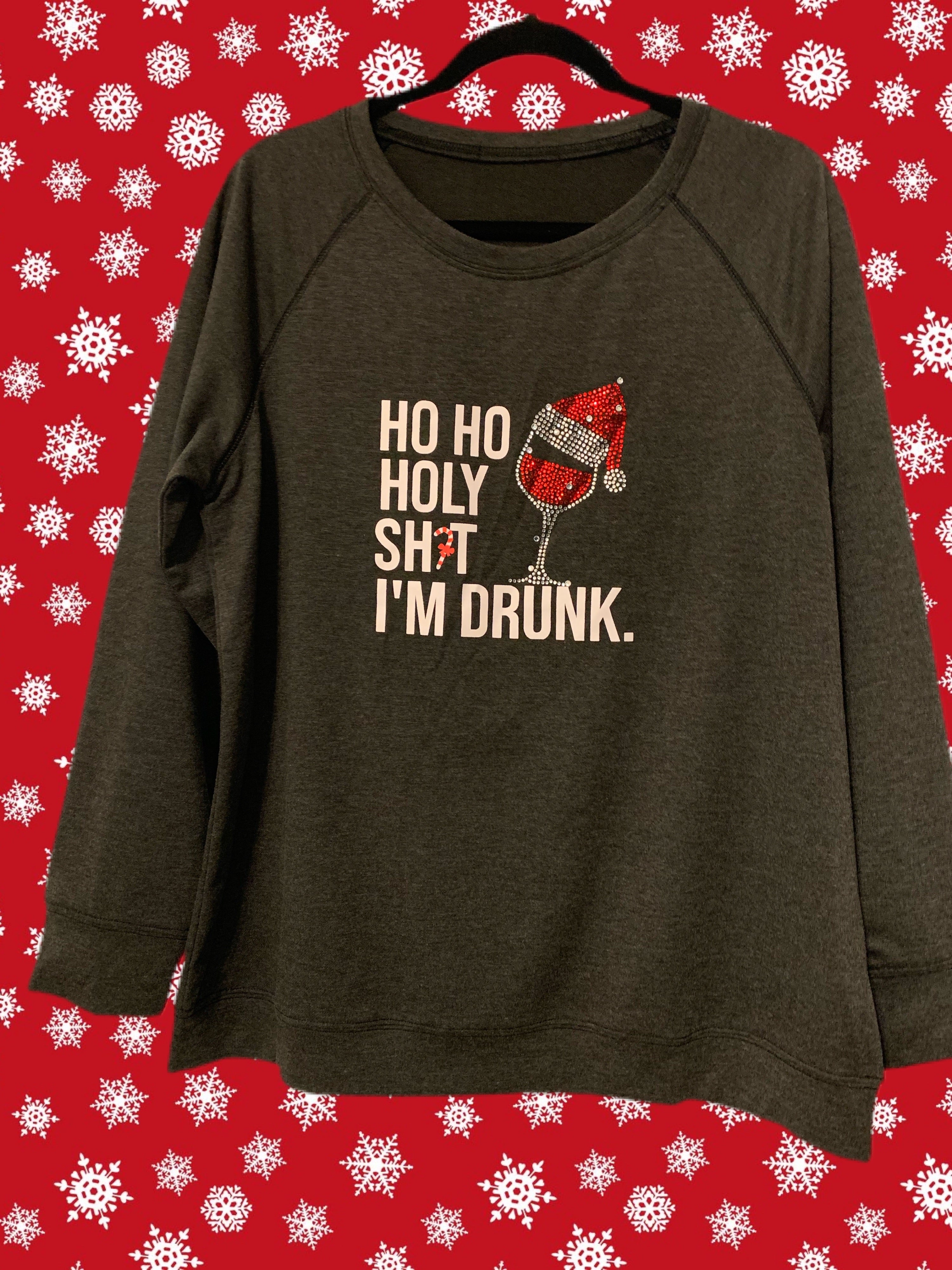 Rhinestone Glass and Santa Hat Long Sleeve Gray Knit T-shirt