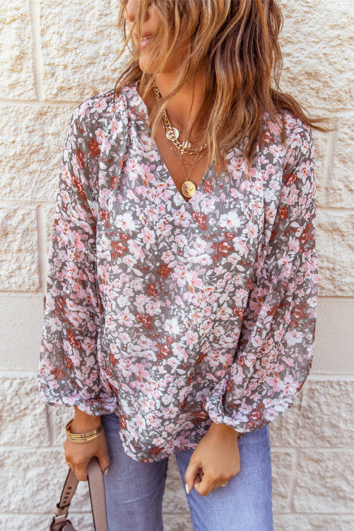 Rose Pink Floral Puff Sleeve Blouse