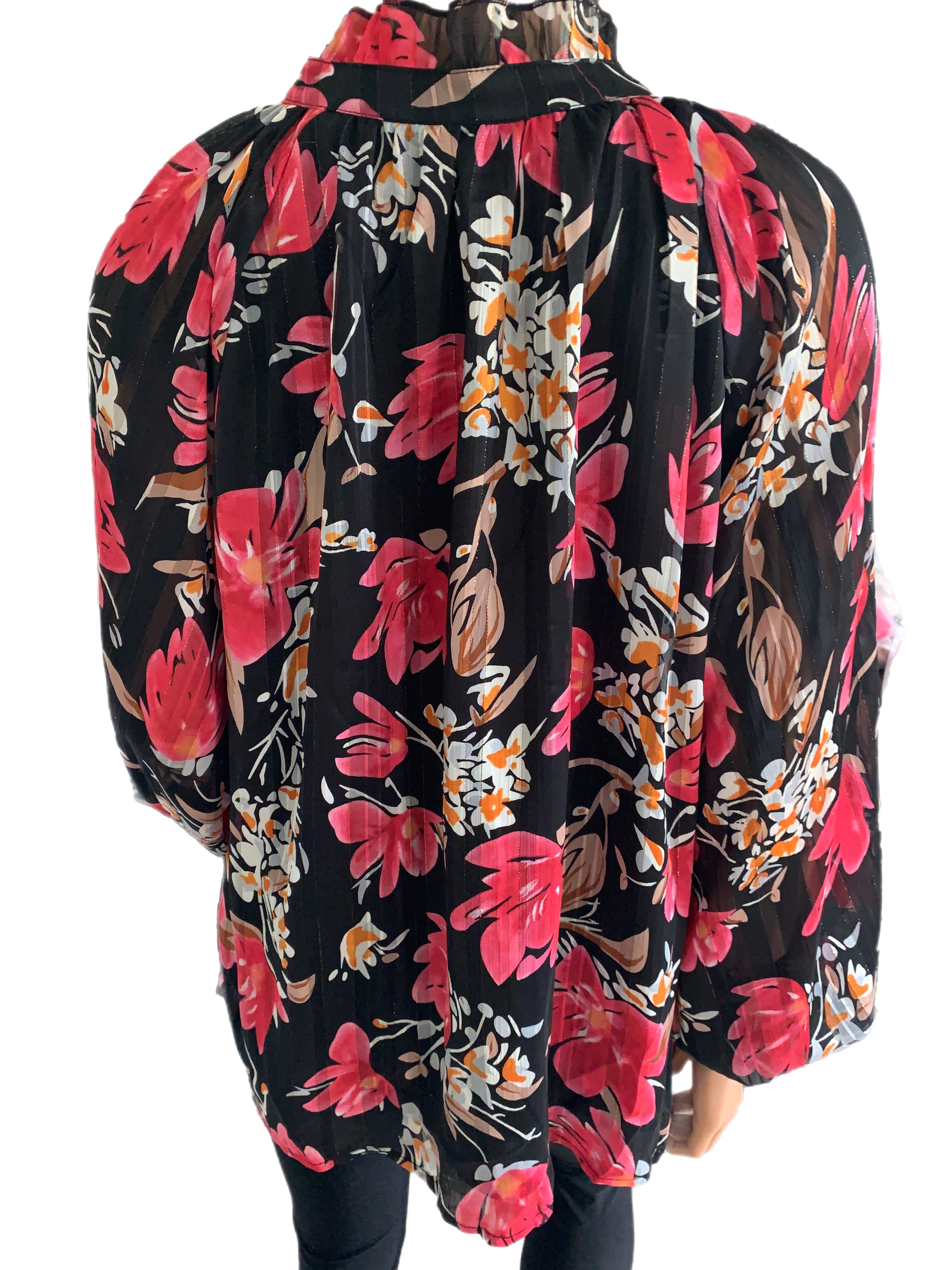 Black & Fuchsia Floral V-Neck Tie Blouse