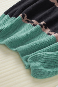 Teal Leopard Print Colorblock Sweater