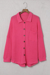 Bright Pink Waffle Knit Oversized Button Up Shirt