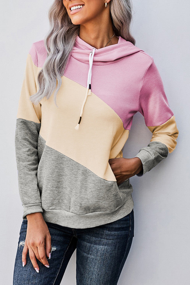 Pink Colorblock Pocketed Hoodie