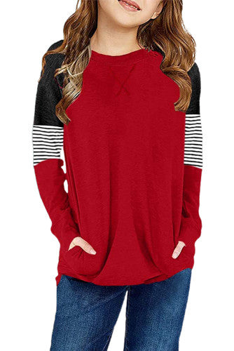 Girls Red Black Striped Colorblock Pullover with Pockets