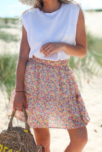 Yellow Red Blue Mini Floral Print Elastic Waist Tiered Skirt