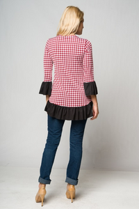 Maroon Herringbone Black Ruffle Trim Tunic  Silky feel stretchy polyester tunic.  Fits true to size guide.    Made in the USA   