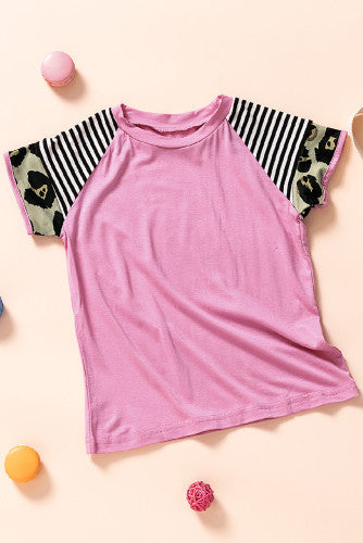 Girls Pink Striped Leopard Print Sleeve Tee