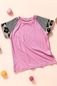 Girls Pink Striped Leopard Print Sleeve Tee