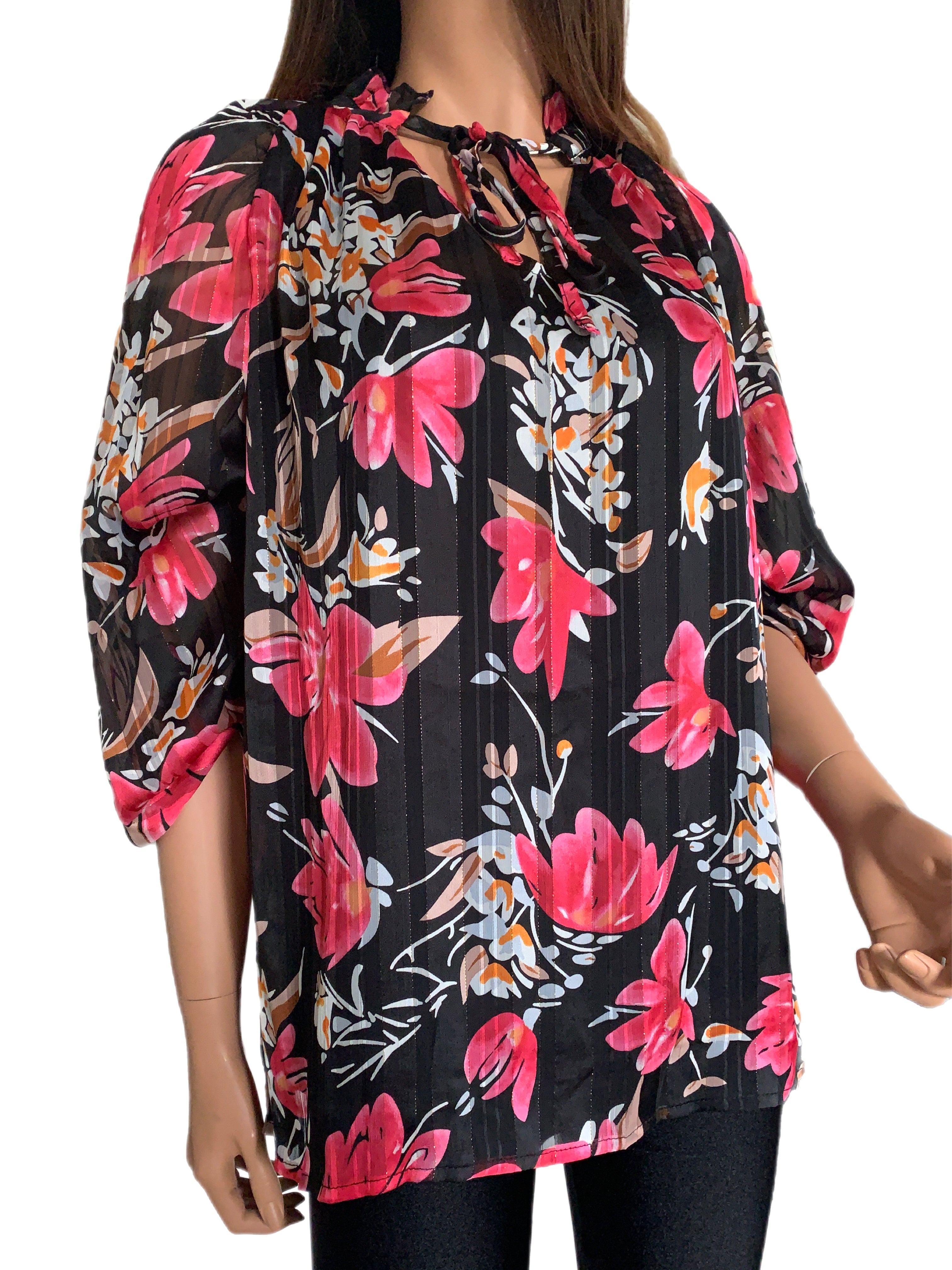 Black & Fuchsia Floral V-Neck Tie Blouse