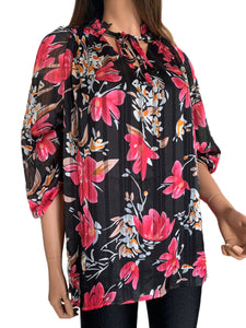 Black & Fuchsia Floral V-Neck Tie Blouse