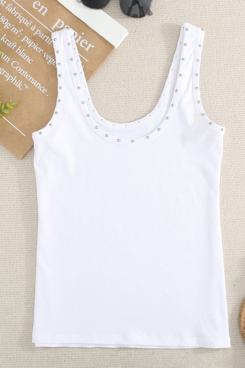 White Studded Ribbed Tank Top
