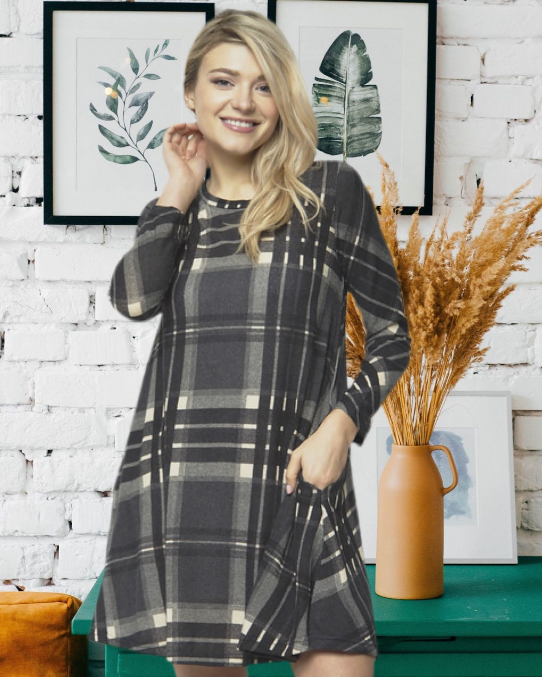 Black/Gray Plaid Tunic Dress With Pockets