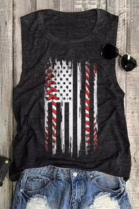 Charcoal Black Baseball American Flag Print Sleeveless Tee