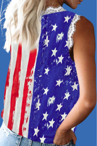 Beautiful American flag print silky tank with lace trim. Your summer wardrobe needs at least one patriotic tank! This lightweight cool silky feel sleeveless top goes with everything like shorts, capris, and jeans. Vibrant red, white and blue colors with elegant lace trim. Lightweight and Silky