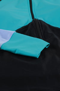 Teal Green Color Block Zip Up Rashguard Sports Top