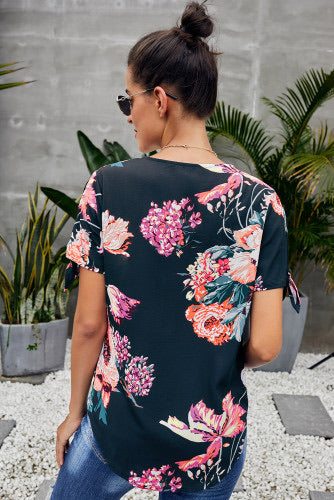 Navy Floral Draped Short Sleeve Blouse