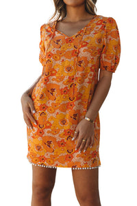Orange Retro Floral Puff Sleeve Dress with Pom Pom Hem