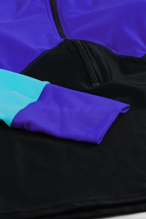 Blue Color Block Zip Up Rashguard Sports Top