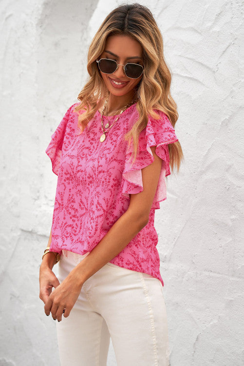 Pink Floral Ruffled Cap Sleeve Blouse