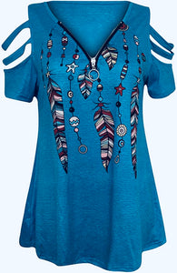 Turquoise Blue Feather Design Zip Up V-neck Knit Top