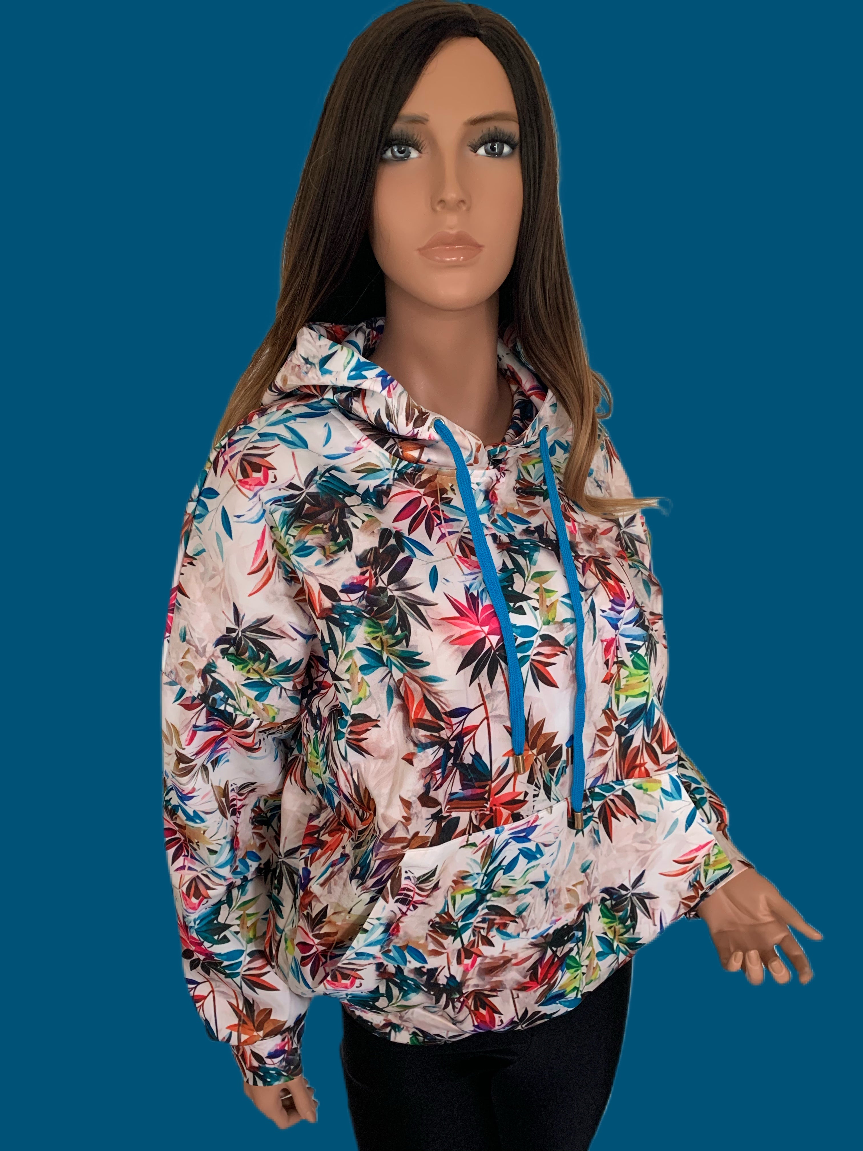 Colorful Plant Printed Cream Hooded Sweatshirt
