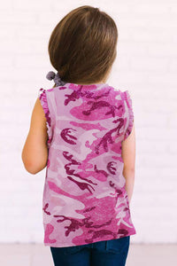 Girls Pink Camo Print Flounced Sleeveless Top