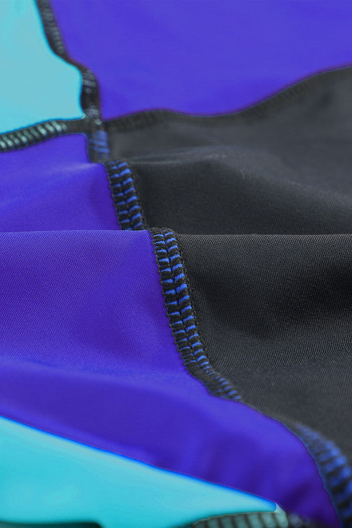 Blue Color Block Zip Up Rashguard Sports Top