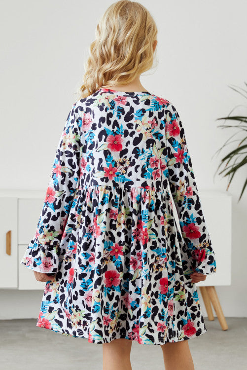 Girls Colorful Floral Leopard Print Ruffled Long Sleeve Dress