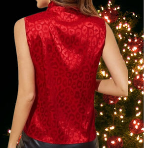 Rich Red Leopard Print Neck Tie Sleeveless Blouse