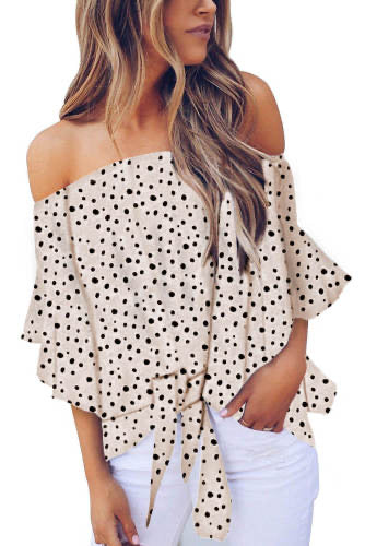 Cream Black Polka Dot Bell Sleeve Off Shoulder Front Tie Knot Top