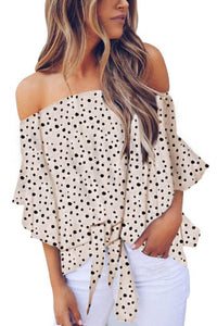 Cream Black Polka Dot Bell Sleeve Off Shoulder Front Tie Knot Top