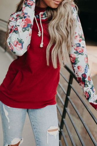 Red Floral Sleeve Asymmetrical Zip Double Hooded Pullover