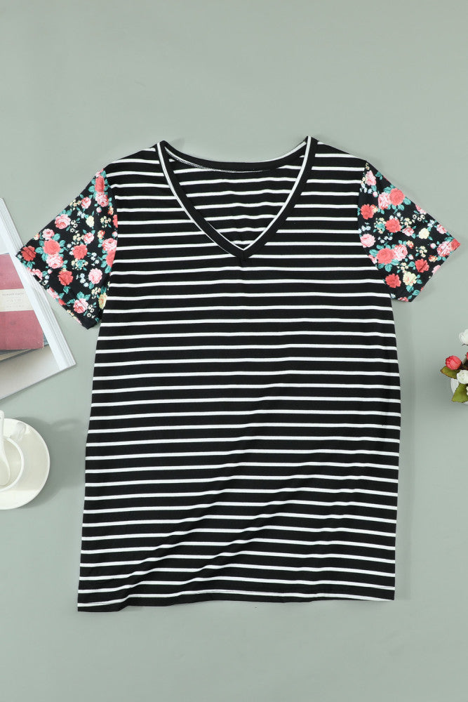 Floral Sleeves Black Striped T-shirt
