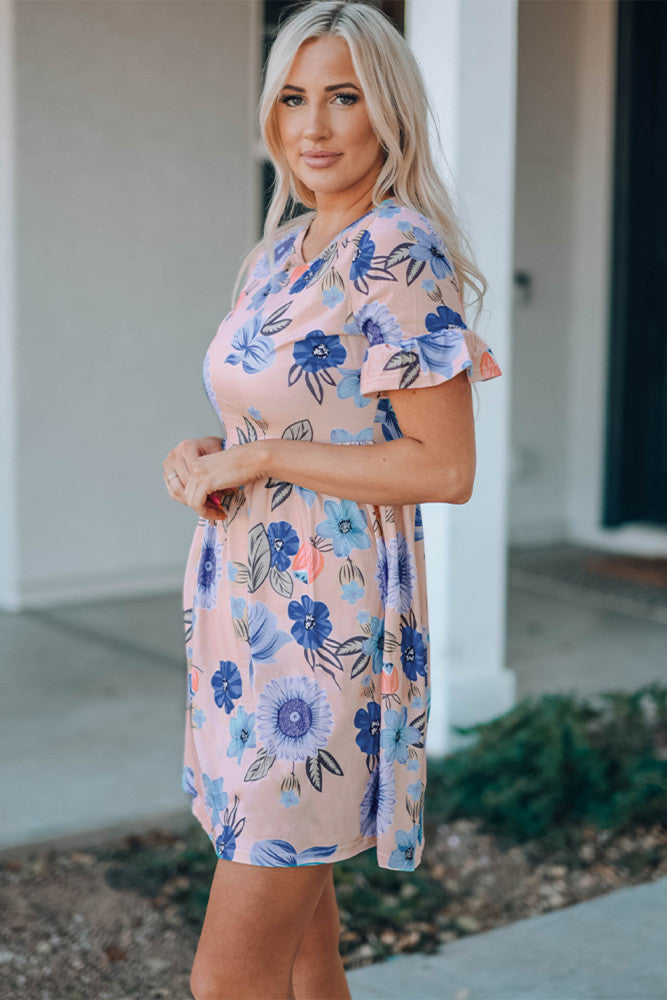 Pink Ruffled Short Sleeve Blue Floral Dress