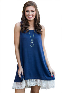 White Lace Hemline Splice Royal Blue Mini Tank Dress -Medium