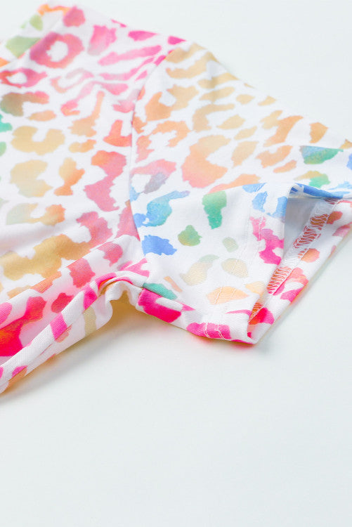 Multi-colored Leopard Print V-neck Knit Tee