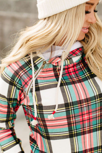 Holiday colored plaid pattern double hooded hoodie. Cowl neck with off to the side drawstring with asymmetrical zip, had with thumb hole at cuffs. Outer hood is holiday plaid pattern, with inside hood a solid white. Super soft cotton blend fabric.    