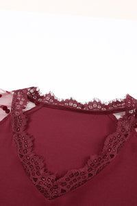 Burgundy Polka Dot Lace Ruffled Sleeve V-neck Blouse