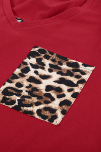Red Leopard Print V-Neck Color-block Knit Tee