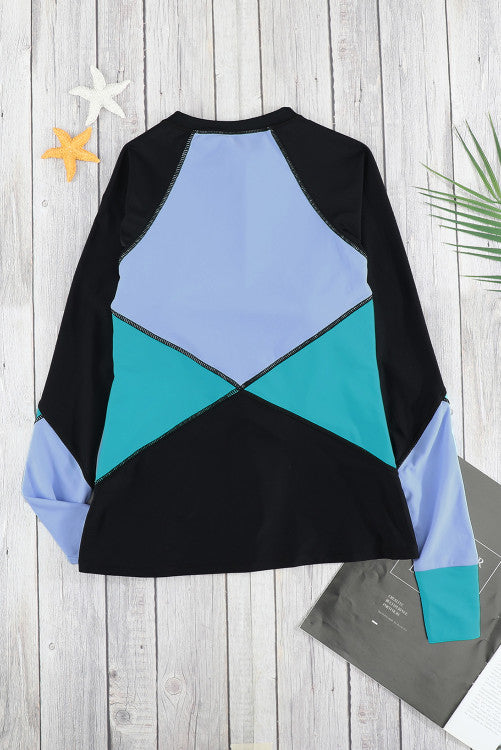 Teal Green Color Block Zip Up Rashguard Sports Top