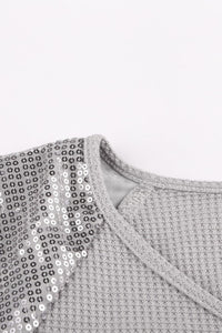 Gray Waffle Knit Sequined Short Sleeve Top