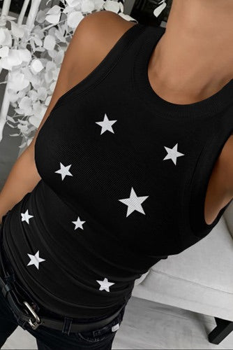 Black Star Print Ribbed Knit Tank Top