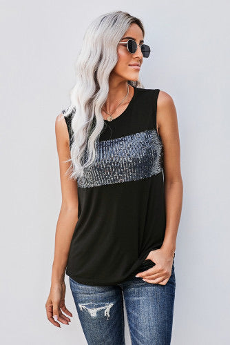 Black Sequined Block Sleeveless Knit Top