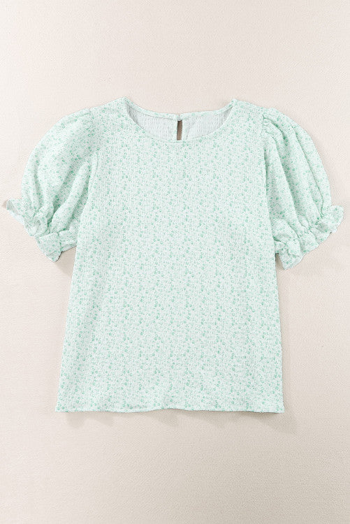 Mint Floral Puff Sleeve Crinkle Blouse