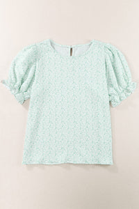 Mint Floral Puff Sleeve Crinkle Blouse