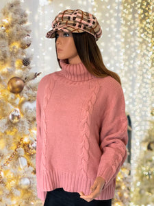 Rose Pink Chunky Cable Knit Sweater