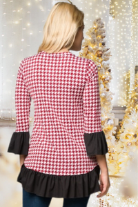 Maroon Houndstooth Black Ruffle Trim Tunic