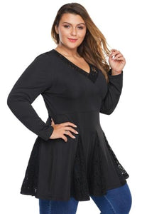 Curvy Black cotton knit peplum waist tunic, with lace panels alternating in bottom of tunic. Lace trim on v-neck , long sleeved, super nice quality top. Curvy sizes 1x, 2x, 3x. $24.00